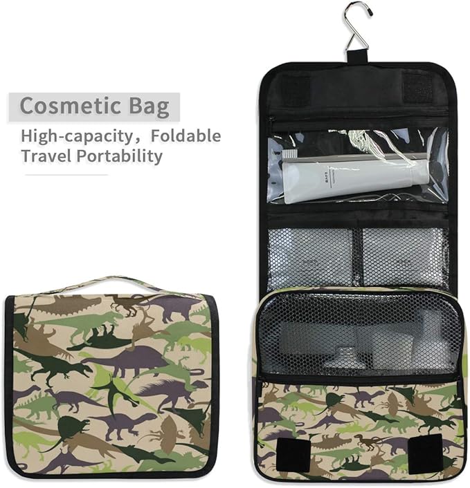 senya Hanging Travel Toiletry Bag Kit Boys Makeup Case Cosmetics Organizer for Men Women (Dinosaur Camouflage)