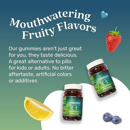 BeLive Synbiotics - Probiotic & Prebiotic Fiber Gummies – High Strength Inulin (3g), Dietary Fiber Supplement, Digestive Support for Kids & Adults - Strawberry, Lemon, Blueberry Flavor (60Ct)