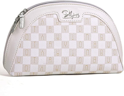 Small Makeup Bag for Purse Cosmetic Bag: Checkered Make up Bag for Women - Cute Preppy Skincare Bags for Evening - Waterproof Travel Pouch for Toiletry Organizer with Mirror & Zipper(024-White)