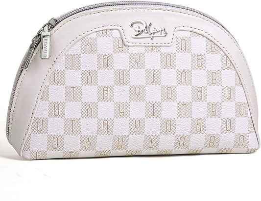Small Makeup Bag for Purse Cosmetic Bag: Checkered Make up Bag for Women - Cute Preppy Skincare Bags for Evening - Waterproof Travel Pouch for Toiletry Organizer with Mirror & Zipper(024-White)