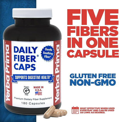 Yerba Prima Daily Fiber Caps - 180 Capsules, (Pack of 2) - Soluble & Insoluble Fiber Supplement - Colon Cleanse - Vegan, Non-GMO, Gluten-Free