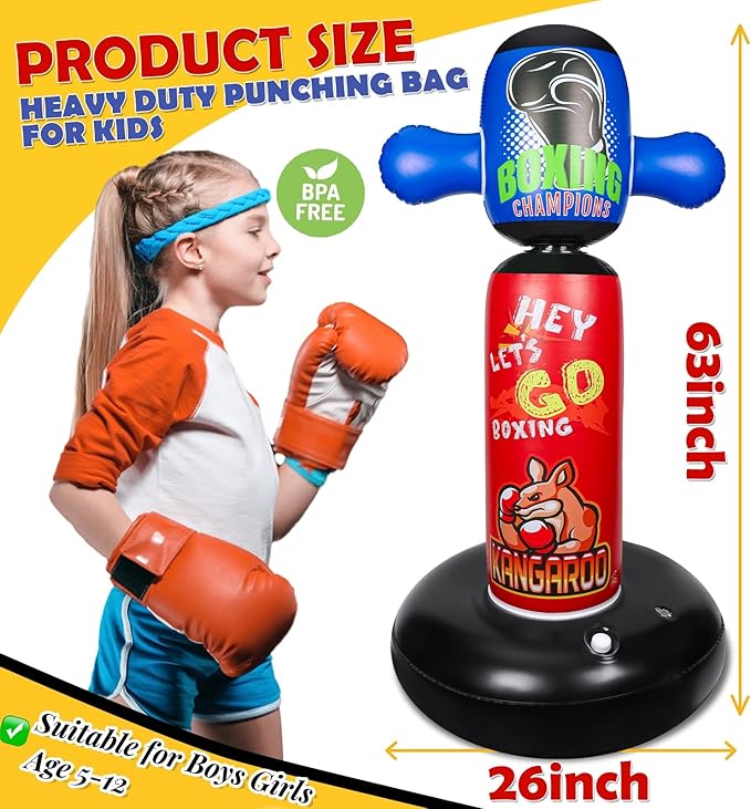 Punching Bag for Kids, Hyperzoo 360°Rotating Inflatable Kids Heavy Punching Bags, Freestanding Heavy Boxing Bag Toy Christmas Birthday Gift for Boys Girls 3-12 Karate, Taekwondo