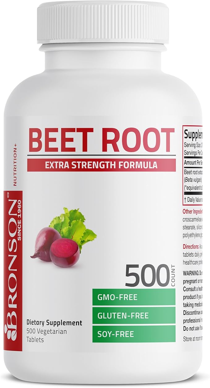 Bronson Beet Root Extra Strength (Equivalent to 2000mg Beet Root per Serving from 500mg 4:1 Extract), Non-GMO, 500 Vegetarian Tablets