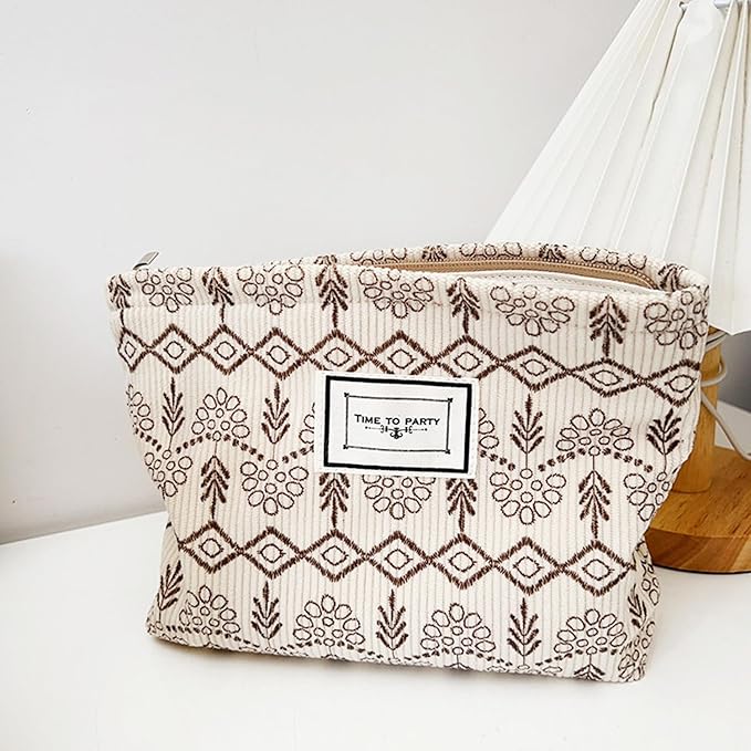 Flower Fabric Makeup Bag for Purse, Vintage Corduroy Cosmetic Pouch Bag, Portable Travel Handbag for Women Girls (Vintage Beige)