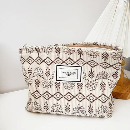 Flower Fabric Makeup Bag for Purse, Vintage Corduroy Cosmetic Pouch Bag, Portable Travel Handbag for Women Girls (Vintage Beige)