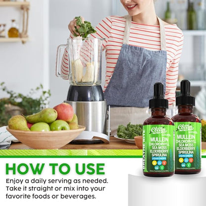 Organic Mullein Liquid Drops With Chlorophyll for Lung Detox Plus Irish Sea Moss, Spirulina, Licorice, Tart Cherry, Lobelia, Motherwort, And Elderberry For Men Women Health Supplement Vitamin