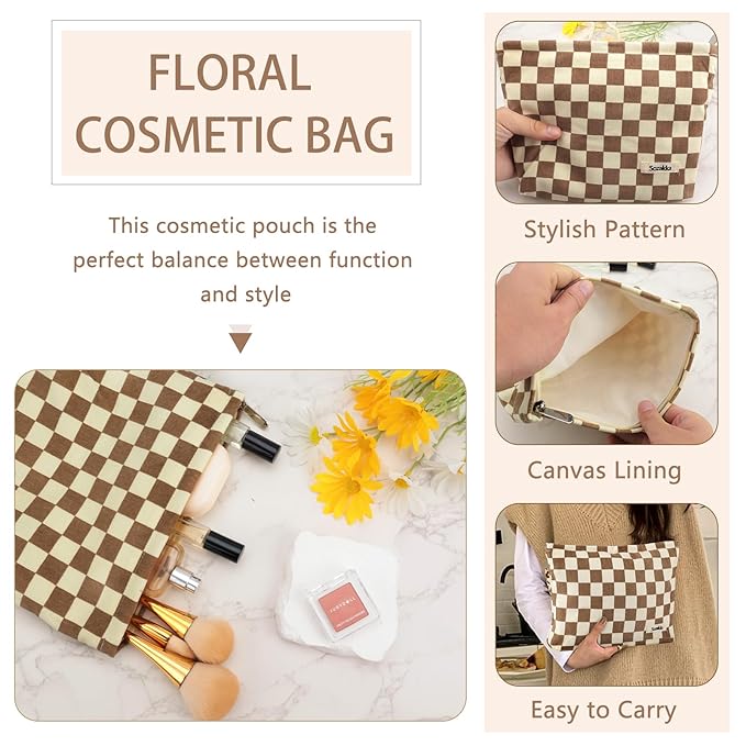 ZLFSRQ Checkered Makeup Bag for Women Large Capacity Brown Travel Cosmetic Bag Set Makeup Pouch for Purse Zipper Toiletry Organizer Cute Y2K Aesthetic Trendy Adults Zipper Skincare Storage Organizer