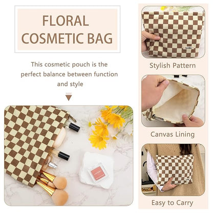ZLFSRQ Checkered Makeup Bag for Women Large Capacity Brown Travel Cosmetic Bag Set Makeup Pouch for Purse Zipper Toiletry Organizer Cute Y2K Aesthetic Trendy Adults Zipper Skincare Storage Organizer