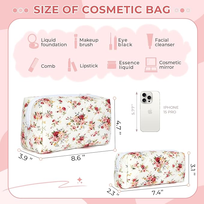 Quilted Makeup Bag Set,Large Floral Cosmetic Pouch For Women,Cute Cotton Brushes Storage Travel Toiletry Organizer Bags(Red Rose)