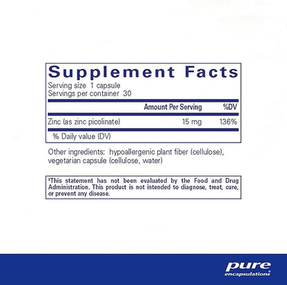 Pure Encapsulations Zinc 15 mg - Zinc Picolinate Supplement for Immune System Support, Growth & Development - for Wound Healing - with Premium Zinc Picolinate - 30 Capsules