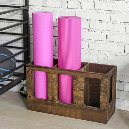 MyGift Wall Mounted Vintage Gray Solid Wood Yoga Mat Holder Fitness Gym Foam Roller Storage Organizer, Floor Standing Sports Exercise Mat Rack