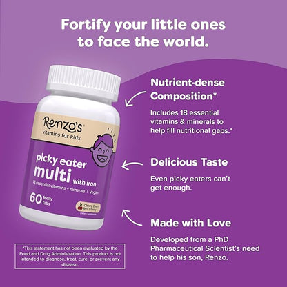 Renzo's Picky Eater Kids Multivitamin with Iron - Dissolving Kids Vitamins with Vitamin D3 & K2 and More - 60 Sugar-Free Melty Tabs, Cherry Cherry Mo’ Cherry Flavored