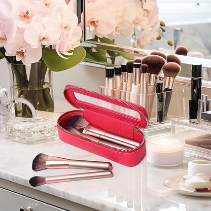 Makeup Brush Case Clear Travel Cosmetic & Toiletry Bag Slim Makeup Bag with Zipper Small Purse Organizer Car Essential Bag for Women (X/Fuxia, SLIM-3)