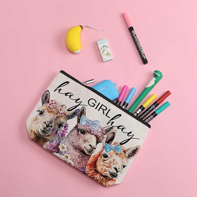 Vintage Funny Llama Gifts Farm Animals Western Makeup Bag Alpaca Graduation Mothers Day Birthday Alpaca Gifts for Girls Women Llama Lovers Friends Daughter Sister Niece Cosmetic Bag Hay girls Hay