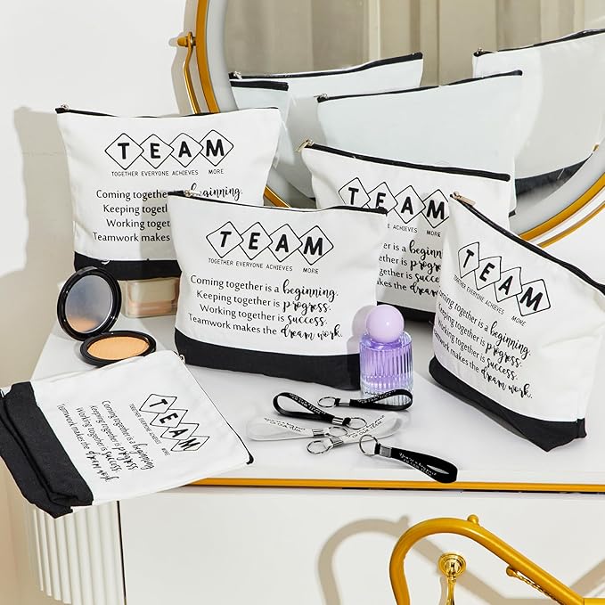 Sanwuta 48 Pcs Inspirational Canvas Makeup Bags Keychains Set Graduation Gifts Teacher Appreciation Gifts Bulk for Employees Women (Team)