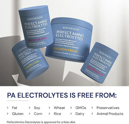 BodyHealth PerfectAmino Electrolytes Powder, Hydration Powder, Sugar Free Electrolyte Drink Mix, Keto Electrolytes Powder, Non GMO, Mixed Berry Flavor (60 Servings)