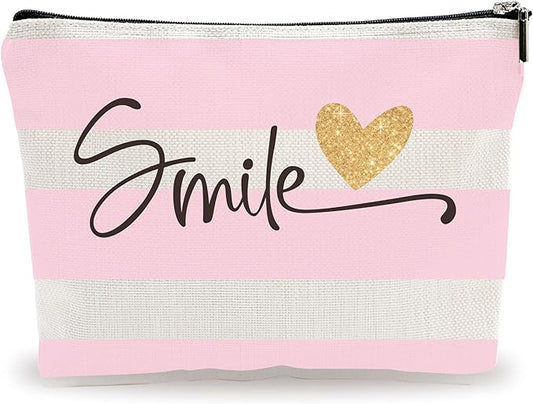 Stripes Makeup Bag - Smile - Heart Print Cosmetic Bag, Pink & White Toiletry Bag, Gift For Girls, Besties, Personal Care & Accessories - A29