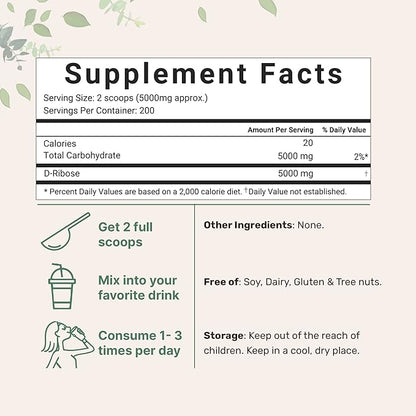 Pure D Ribose Powder, 1 KG (2.2 Pound & 200 Servings) - Hair Support Supplement, Natural Simple Sugar, Dissolves Clear, Pharmaceutical Grade - Filler Free, No GMOs, No Gluten & Water Soluble