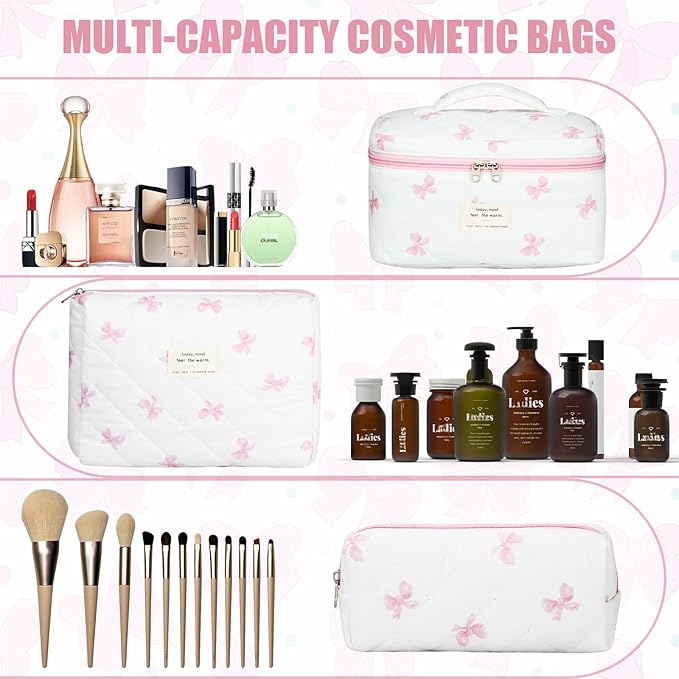Quilted Makeup Bag Set, 3Pcs Large Checkered Corduroy Cosmetic Bags, Cute Coquette Makeup Bag Toiletry Zipper Pouch Bag for Women and Girls Checkered