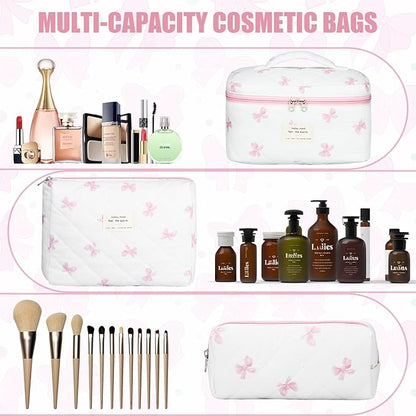 Quilted Makeup Bag Set, 3Pcs Large Checkered Corduroy Cosmetic Bags, Cute Coquette Makeup Bag Toiletry Zipper Pouch Bag for Women and Girls Checkered