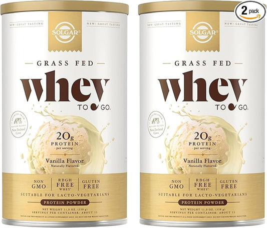 SOLGAR Grass Fed Whey to Go, Vanilla - 11.9 oz, Pack of 2 - Grass-Fed Whey Protein Powder - rBGH Free, Non-GMO, Gluten Free - 26 Total Servings