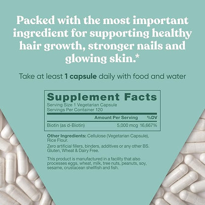 Biotin 5000 mcg Hair Skin Nails Supplement – High-Potency Hair Growth Vitamins for Women & Men – Provide Powerful Support for Healthy Hair, Stronger Nails and Glowing Skin – 120 Vegan Soft Capsules