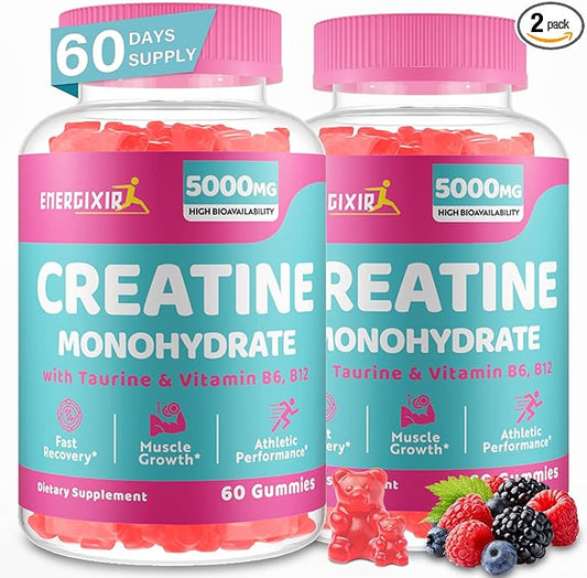 Creatine Monohydrate Gummies, Creatine for Women, Creatine Pre Workout Chewables Supplement 5000mg with Taurine & B6 - for Muscle, Recovery, Strength, Energy & Endurance and Performance - 120 Count
