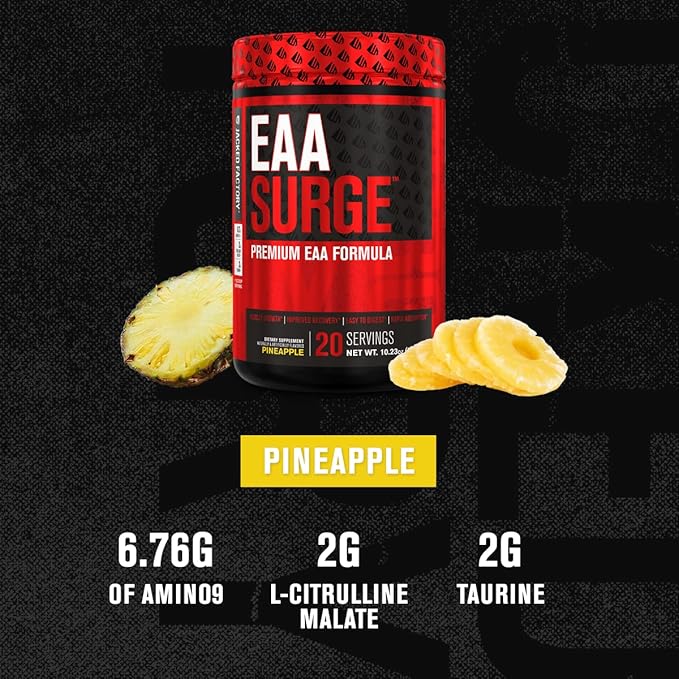 Jacked Factory EAA Surge Essential Amino Acids Powder - EAAS & BCAA Intra Workout Supplement w/L-Citrulline, Taurine, & More for Muscle Building, Strength, Endurance, Recovery - Pineapple, 20sv