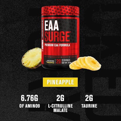 Jacked Factory EAA Surge Essential Amino Acids Powder - EAAS & BCAA Intra Workout Supplement w/L-Citrulline, Taurine, & More for Muscle Building, Strength, Endurance, Recovery - Pineapple, 20sv