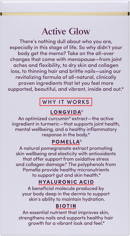 Womaness Active Glow Hair Skin and Nails Vitamins - Biotin, Longvida Curcumin & Hyaluronic Acid Supplements for Joint Health, Dry Skin & Thinning Hair (30 Capsules)