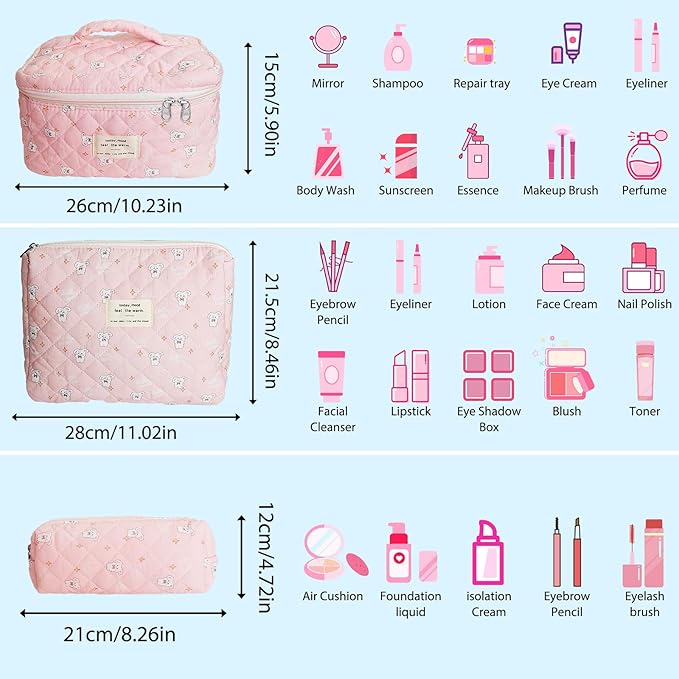 Quilted Makeup Bag, Large Capacity Travel Cosmetic Bag for Women and Girls, Aesthetic Storage for Daily and Travel Use (3pcs-RabbitAnimalPrint)