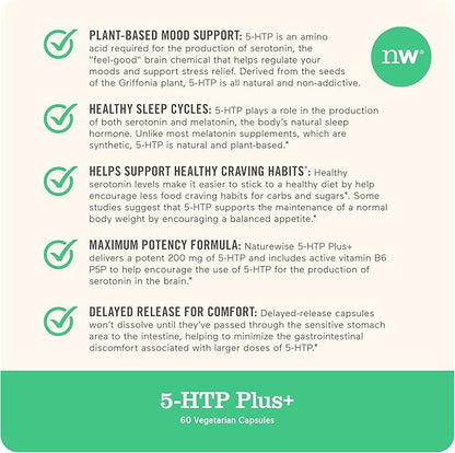 NatureWise 5-HTP 200mg, Vegan 5 HTP Plus Supplement from Griffonia Seeds with Cofactor Vitamin B6 - Mood Support Supplement & Natural Sleep Aid for Adults - Delayed-Release - 30 Count[1-Month Supply]