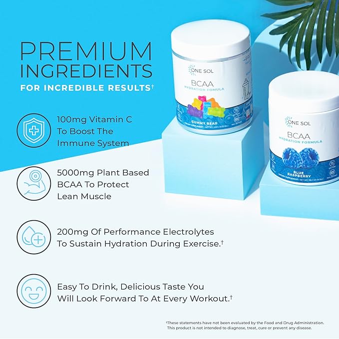 One Sol BCAA & Electrolyte Powder for Hydration & Energy, All-Natural Formula, 100% Vegan, Non-GMO, Gluten Free & Soy-Free, Promotes Muscle Growth & Recovery, Gummy Bear Flavor