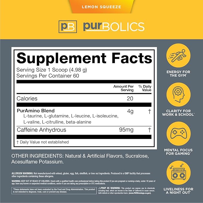 Aminos + Energy, Supports Recovery, Energy & Focus, 95mg of Caffeine, 0 Sugar & 60 Servings (Lemon Squeeze)
