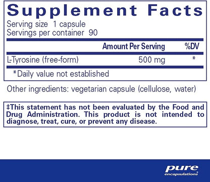 Pure Encapsulations L-Tyrosine - Amino Acid Supplement - for Brain Support, Dopamine & Thyroid Function* - Vegan & Non-GMO - 90 Capsules