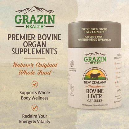 Grass Fed Beef Liver from New Zealand - Freeze Dried 3000mg per Serving (500mg per Capsule) (30 Servings)