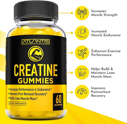 Creatine Monohydrate Gummies for Strength & Athletic Performance - 5g Creatine Per Serving - Creatine Chews to Build Muscle, for Performance & Post Workout Recovery - 60 Creatine Gummies for Women/Men