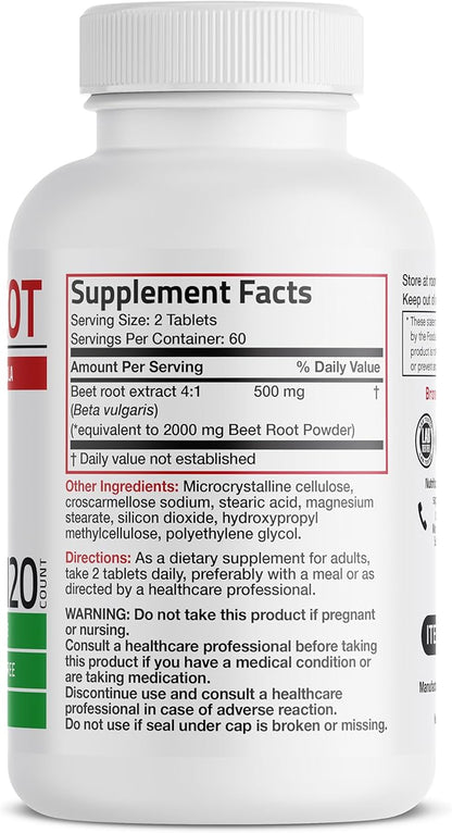 Bronson Beet Root Extra Strength (Equivalent to 2000mg Beet Root per Serving from 500mg 4:1 Extract), Non-GMO, 120 Vegetarian Tablets