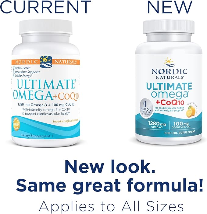 Nordic Naturals Ultimate Omega + CoQ10, Lemon - 60 Soft Gels - 1280 mg Omega-3 + 100 mg CoQ10 - Heart Health, Cellular Energy, Antioxidant Support - Non-GMO - 30 Servings