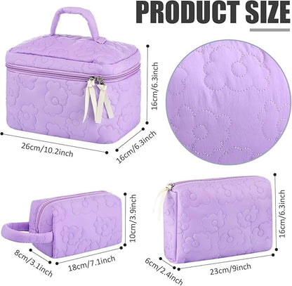 Paterr 3 Pieces Cotton Quilted Makeup Bag Set Coquette Cosmetic Bag Aesthetic Travel Toiletry pouch Cute Pouch Kawaii Aesthetic for Women(Purple,Purple Flower)