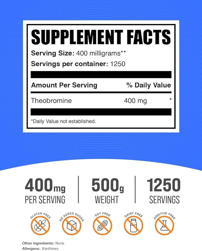 BulkSupplements.com Theobromine Powder - Theobromine Supplement, Nootropic Supplement - Energy Support, Gluten Free, 400mg per Serving, 1250 Servings, 500g (1.1 lbs) (Pack of 1)