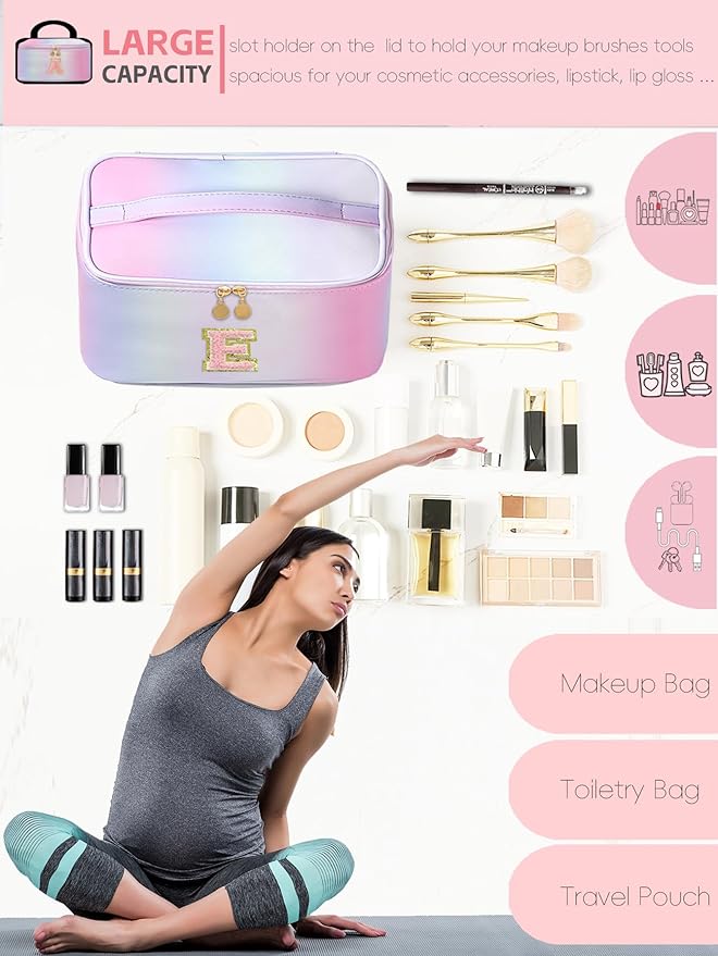 Meiyuuo Makeup Bag for Women Large Cosmetic Bags Travel Toiletry Bag Birthday Gifts for Girls Preppy Letter Pouch Teen Girl Gifts Trendy Stuff Rainbow Pink with Divider and Handle E