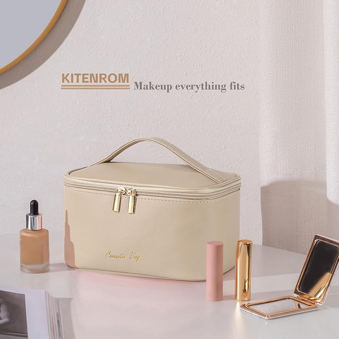 KITENROM Nature Makeup Bag,Premium Travel Makeup Organizer, Ideal Cosmetic Brush Bags Case for Women (Light Khaki)