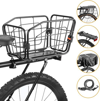 Rear Bike Rack with Basket, 165 LB Load - Aluminum Alloy Cargo Rack for Back of Bike with Free Bungee Cord & Waterproof Cover & Installation Tool