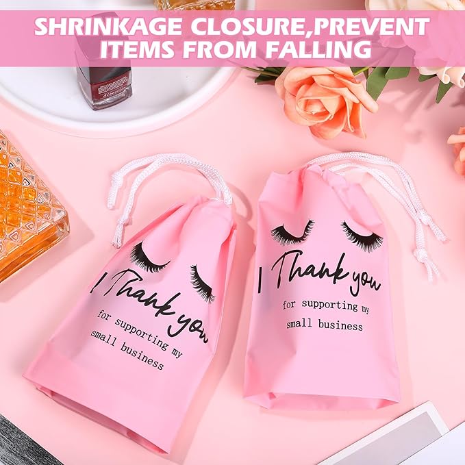Abbylike 100 Pcs Eyelash Aftercare Lash Bags for Clients Eye Lash Print Drawstring Makeup Bag Empty Beauty Gift Cosmetic Sample Pouch for Women Small Business Supplies, 4 x 6 in(Pink)