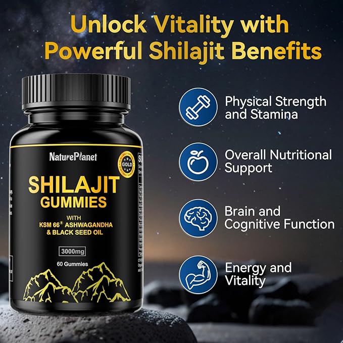 3000 MG Shilajit Gummies, Pure Himalayan Shilajit Extract Organic with 85+ Trace Minerals for Energy & Vitality, 60 Count