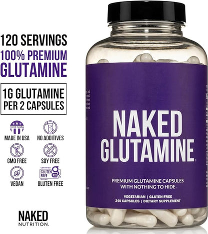 Naked L-Glutamine Muscle Recovery Capsules, 1000mg, 240 Count, Made in The USA, Non-GMO, Gluten and Soy Free
