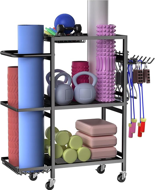 Home Gym Storage Rack, 3 Tier Yoga Mat Storage Rack with Wheel for Yoga Lover, Exercise Equipment and Workout Equipment Organizer, Yoga Mat Holder for Yoga Mats, Foam Roller and Dumbbells
