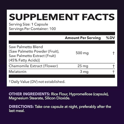 Night Time Saw Palmetto for Men - Saw Palmetto With Melatonin 3 mg and Chamomile Extract - Sleep & Prostate Supplement - Reduce Urinary Frequency for Men & Support Bladder in PM - Over 3 Month Supply