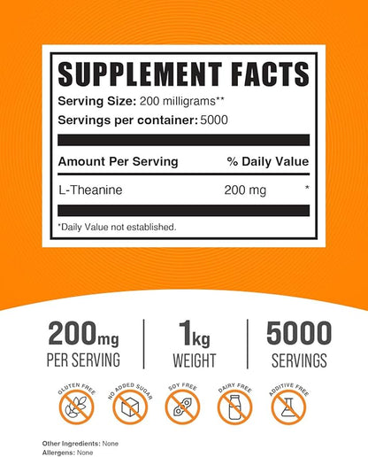 BulkSupplements.com L-Theanine Powder - L-Theanine Supplement, L-Theanine 200mg - Amino Amino Supplement, Pure & Gluten Free, 200mg per Serving, 1kg (2.2 lbs) (Pack of 1)